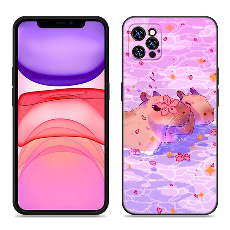 Cute Cartoon Capybara Phone Case For Apple iPhone 12 13 Mini 11 14 15 Pro Max 7 8 Plus X XR XS SE 2020 2022 Black Silicone Case