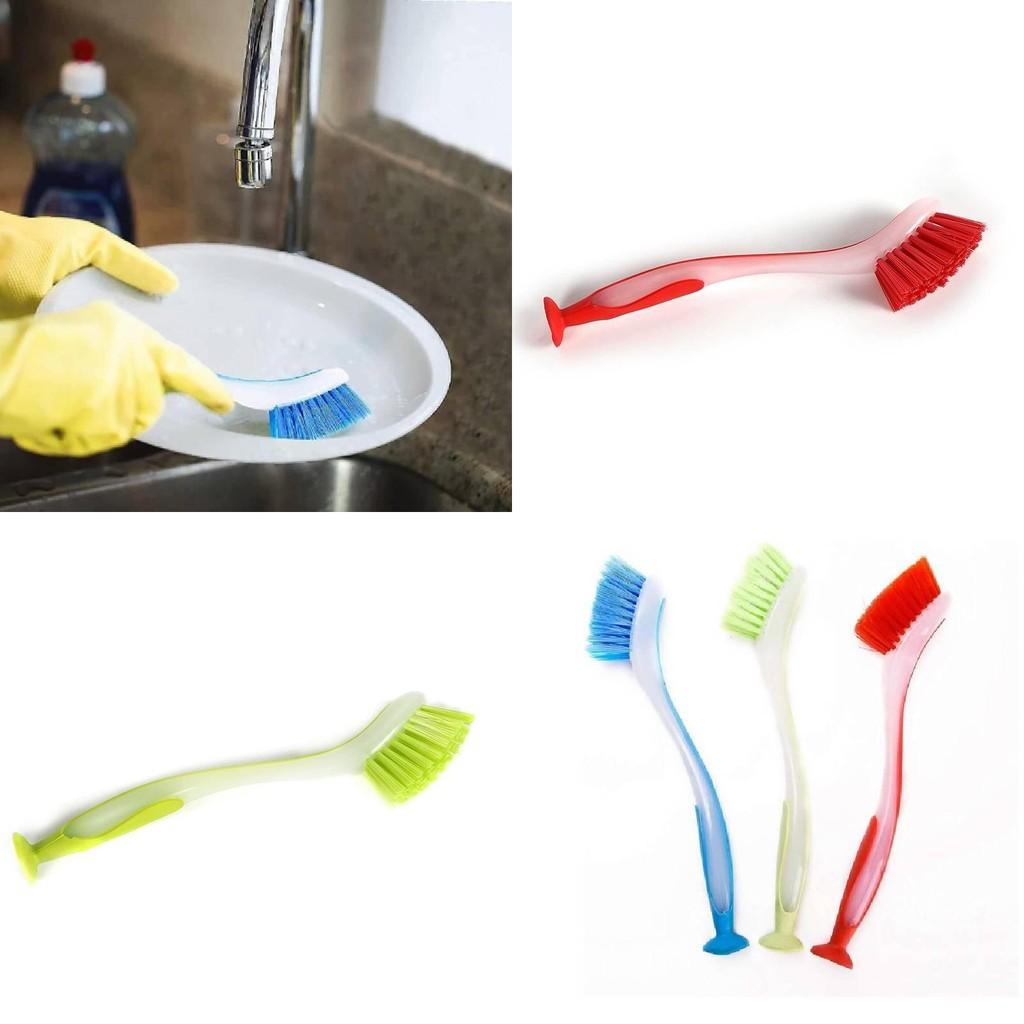 Plastic Dish Cleaning Brush With Suction Cup And Long Handle For Kitchen Scrubbing Tasks