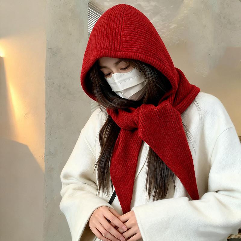 Knitted Hat And Neck Warmer Combo With Windproof Function For Autumn Winter Adults красный