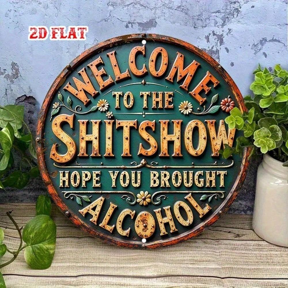 Vintage Beer Drinking Metal Tin Sign, 7.87 Inch Round Retro Bar Wall Art, Funny Man Cave Decor, Distressed Aluminum Plaque