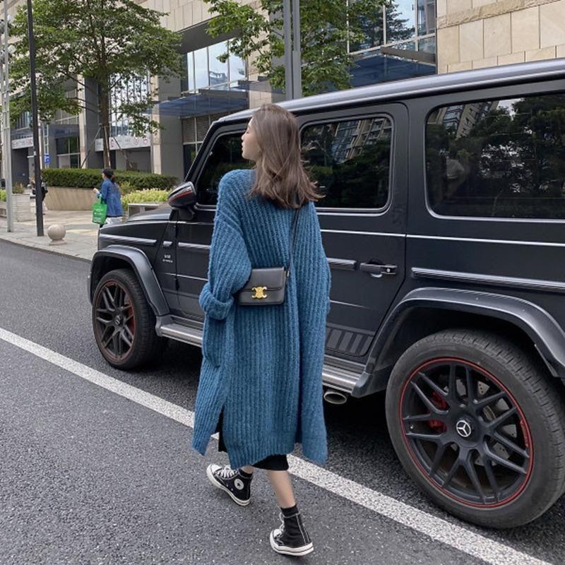 Autumn and Winter Ladies' Lazy Style Mid-Length Over-the-Knee Sweater Loose and Versatile Long-sleeved Knitted Cardigan
