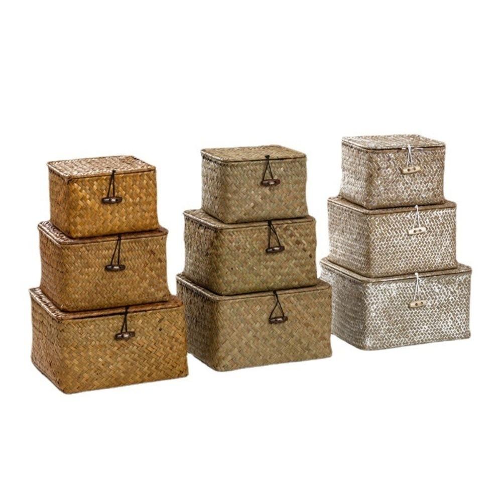 Eco-Friendly Sea Grass Wicker Shelf Baskets Weaving with Lid Storage Bins Handwoven Rectangular Storage Box Home Organizer