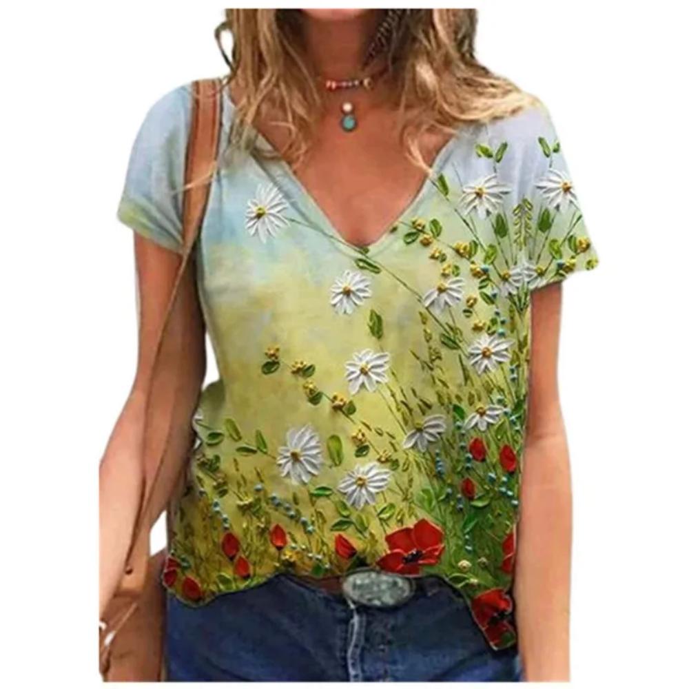 Elegant vacation abstract painting color blocks combined with geometric grid patterns. Full-body printed with breathable V-neck short-sleeved T-shirt.