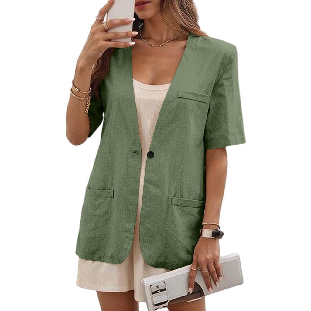 Women's  Work Casual Short Sleeve V-Neck Single Button Solid Color Coat