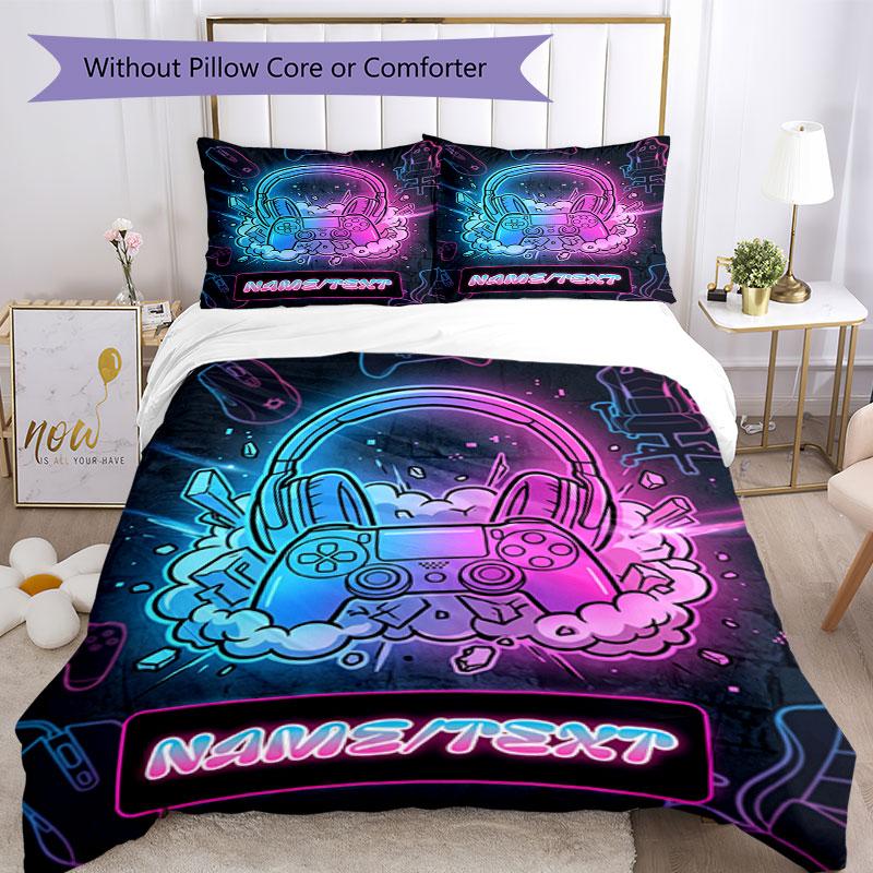 3PC Custom Name Gamer Neon Vibes Bedding Set Printed Bedding Set Duvet Cover Closure Includes 1 Duvet Cover & 52 Pillowcases for Bedroom