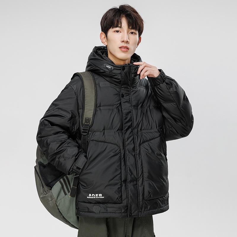 Winter new trendy down jacket men's short solid color sports fashion casual white duck down warm hooded jacket men
