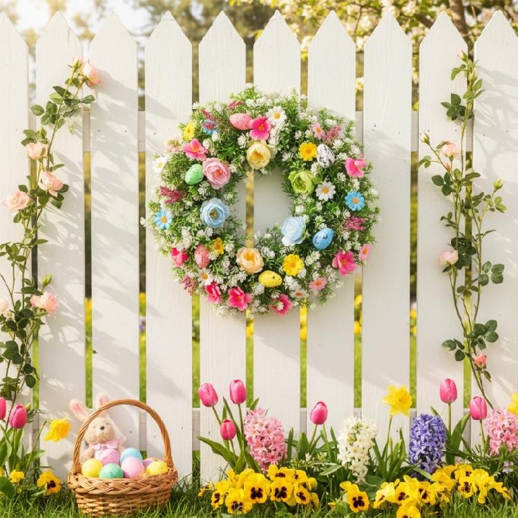 Bunter Plastik-Osterkranz mit simulierten Eiern und Blumen Handgefertigte Girlanden für Festival-Heimparty-Dekoration