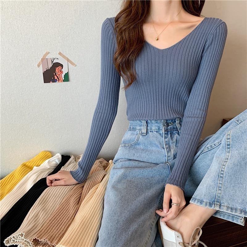 Damen V-Ausschnitt Pullover Slim Pullover Eng Langärmlig Einfarbig Einheitsgröße Strickware Frühling Herbst Pendeln