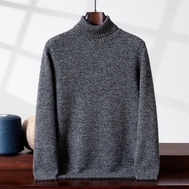 Men's High Neck Cashmere Sweater - Double Ply, Thick, Solid Color Knitwear for Autumn/Winter.