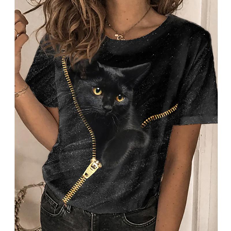 

Женская летняя футболка тренд принт котенка ретро мода футболки с коротким рукавом повседневные с принтом топы 8XL жёлтый