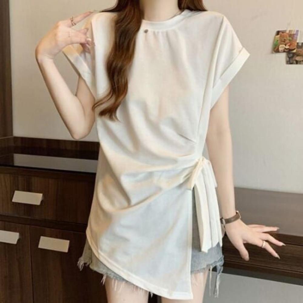 Navava Women Unbalanced WaisT Ribbon ShorT Sleeve T shirT nT2814