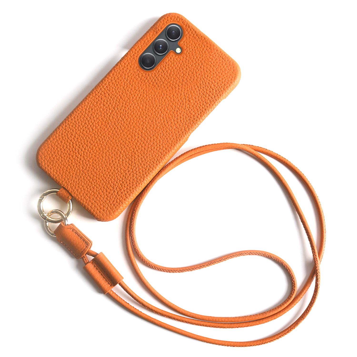 

For Samsung Galaxy A54 5G Case with Lanyard Genuine Cow Leather PC Phone Back Cover Orange