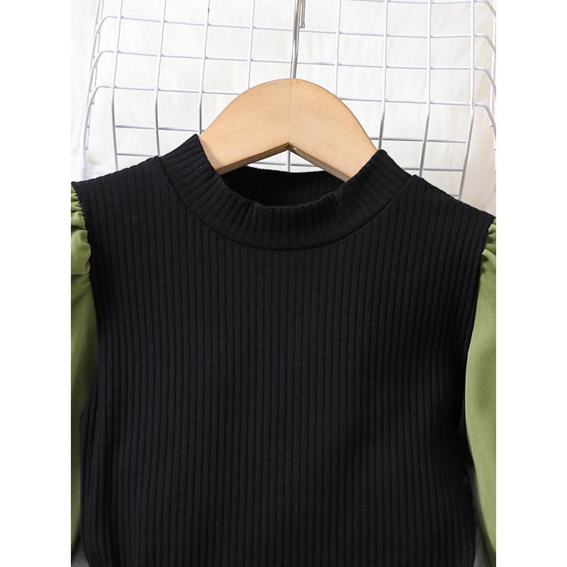 Children's Set Autumn Workwear Long Sleeve Set Color Block Ribbed Top + Long Pants Set with Belt