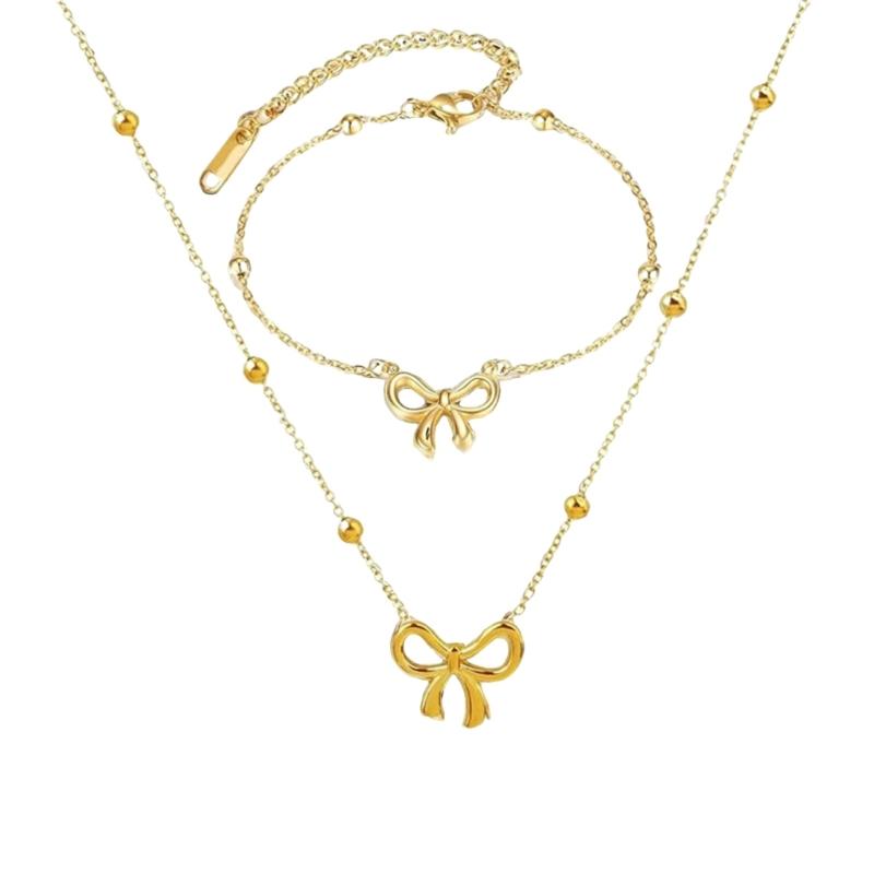 Fashionable Steel Jewelry Set Featuring Butterfly Bowknot Pendant Elegant Necklace And Bracelet For Everyday Wear