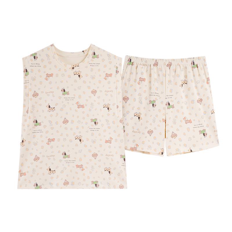 Women's 100% Cotton Summer Pajama Set - Sleeveless Tank & Shorts with Cute Cartoon Design and Chest Pads