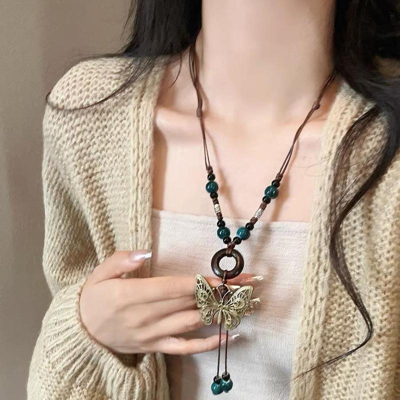 

Винтажное ожерелье в богемном стиле для девочки, этническое ожерелье с керамической подвеской-бабочкой, ювелирный подарок