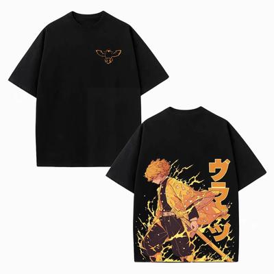 Anime Demon Slayer Zenitsu Agatsuma Tordenånd Grafisk T-shirt 100% Bomuld Oversized Unisex Skjorte Unisex Kortærmet Rund Hals