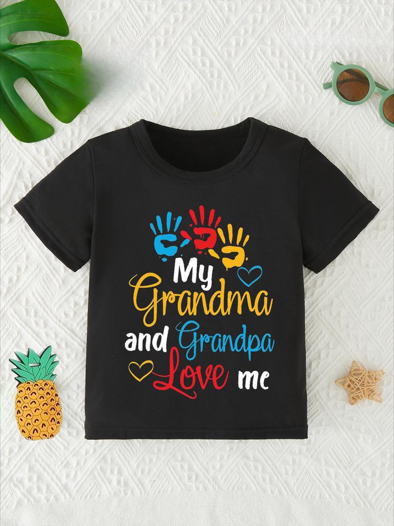 European sizes My Grandparents Care for Me. New Style Letter Print Round Neck Short Sleeve T-Shirt, Casual And Cute for Boys And Girls