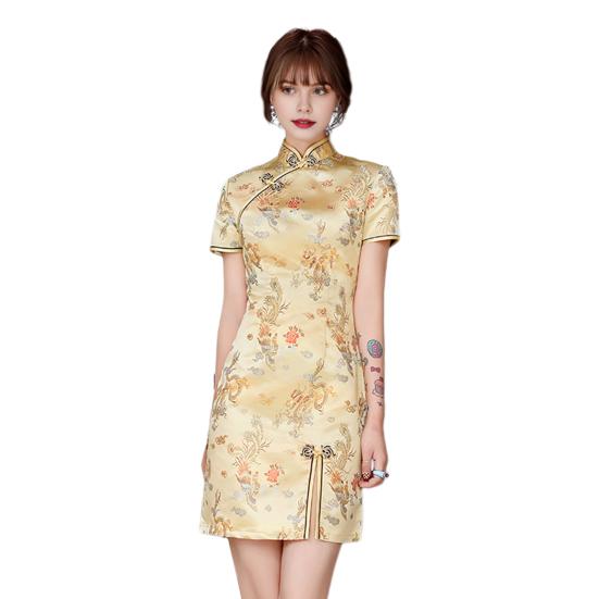 Damen Sommer Cheongsam Stehkragen Drache Phönix Print Geteilter Saum Qipao Slim Fit Retro Chinesischer Stil Über Knie Länge Hochzeit Party Cocktailkleid