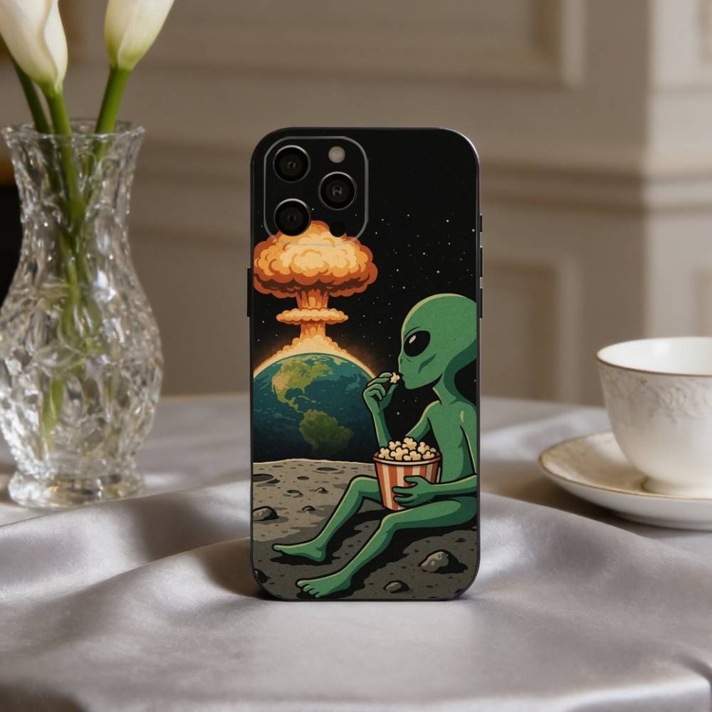 Funny S-Space UFO A-Alien T-Thing Phone Case For iPhone 17,16,15,14,13,12,11 Plus,Pro Max,XS,Soft Silicone Black Cover