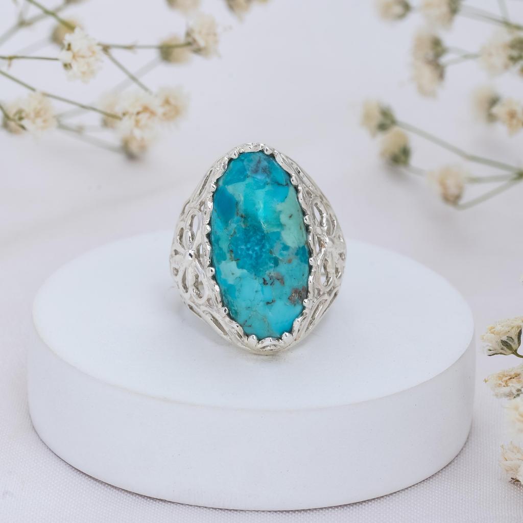 Türkisfarbener Statement-Ring – Florales Filigran 925 Sterlingsilber Handgefertigt Vintage-Ring – Natürlicher Edelsteinschmuck für Frauen