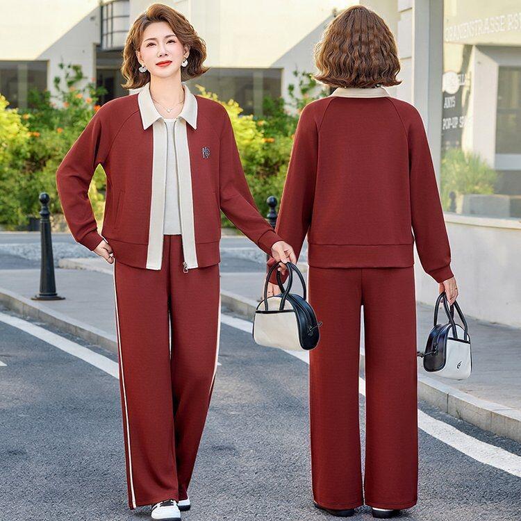

Spring & Autumn Women s Casual Two-Piece Set: Stylish Mother’s Knit Jacket with Wide-Leg Pants 4XL вино красного