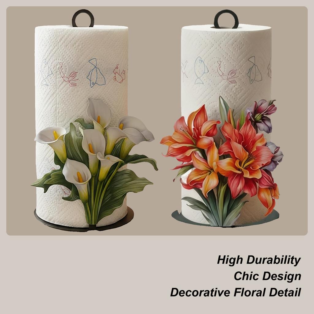 Iron Paper Towel Holder Tissue Roll Storage Rack Counter Paper Towel Holder With 2D Flower Pattern For Home Apartment (no Paper)