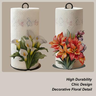 Iron Paper Towel Holder Tissue Roll Storage Rack Counter Paper Towel Holder With 2D Flower Pattern For Home Apartment (no Paper)