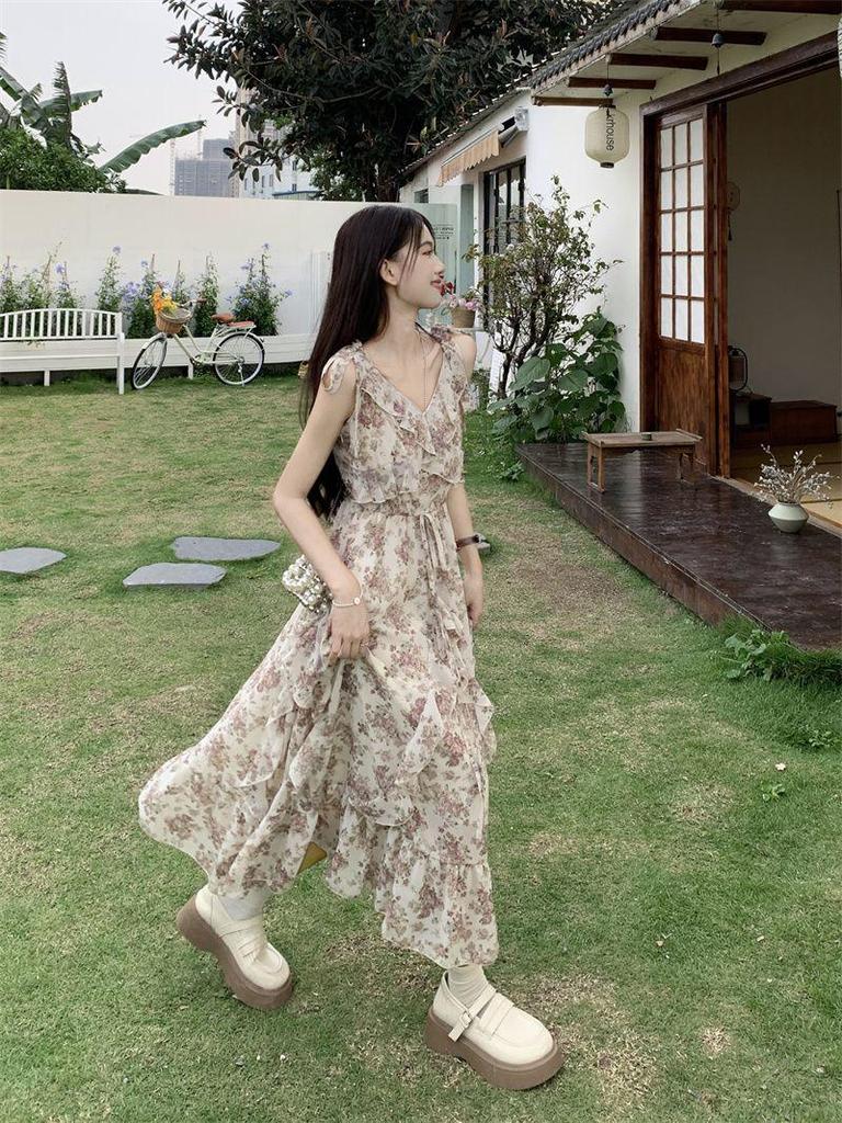 French Floral Ruffled Camisole Dress & Cardigan Set - Women's Slimming Summer Long Dress