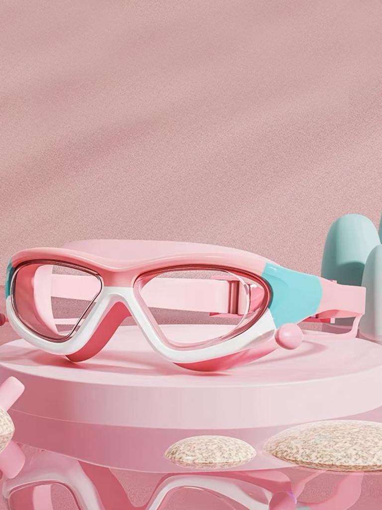 Children's High-definition Waterproof And Anti Fog Swimming Large Frame Glasses, Convenient Goggles Silicone Connected Earplugs