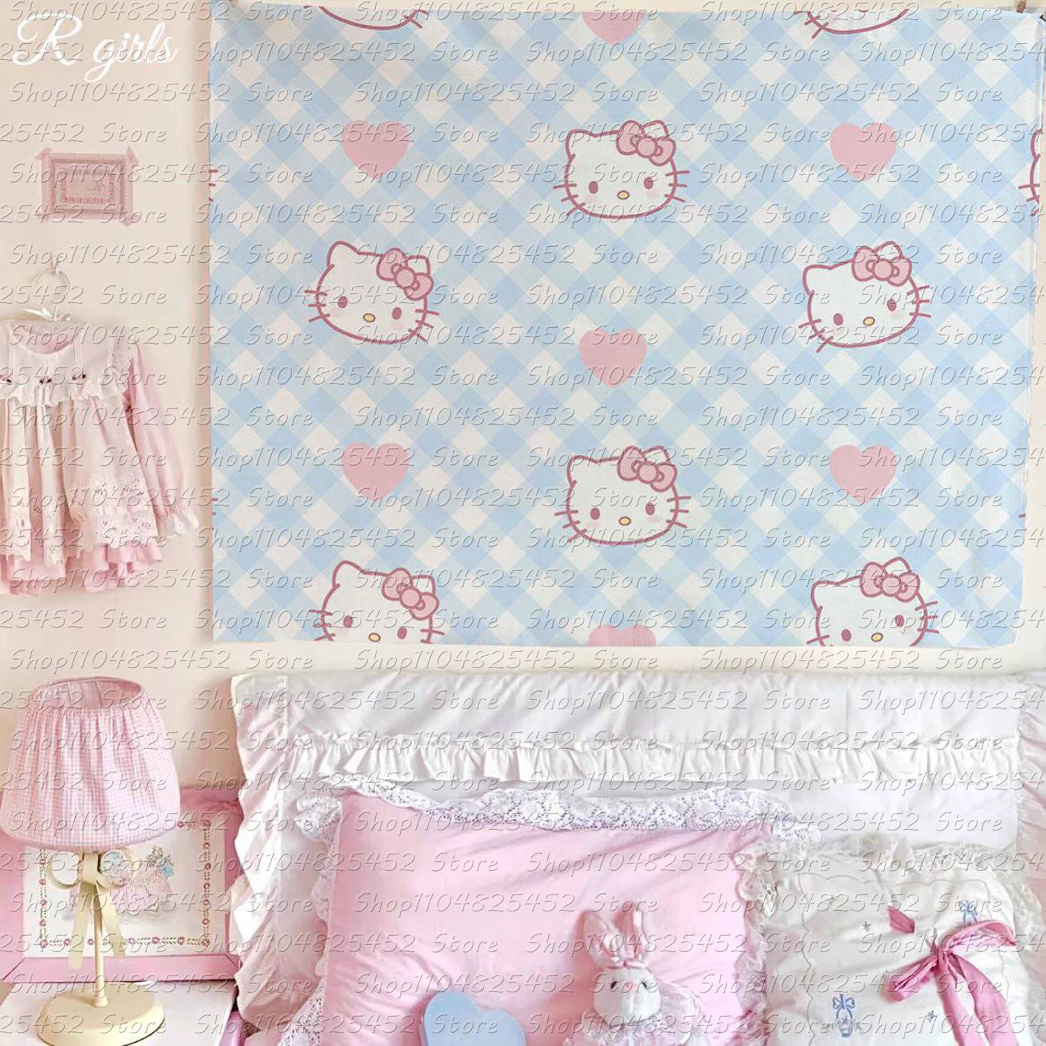 

Adorable hello Kitty Pink Heart Tapestry Kawaii Anime Wall Hanging Decoration Girls Heart Printed Tapestry Super Cute Decor 74x94cm(29x37in)