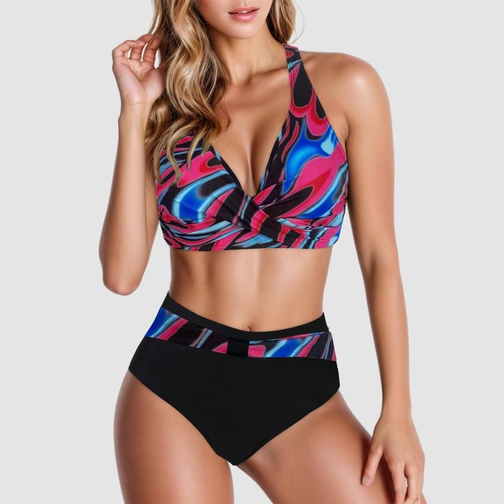 Women's High Waist Bikini Set V Neck Two Piece Swimsuit Color Block Front Twisted Swimsuit