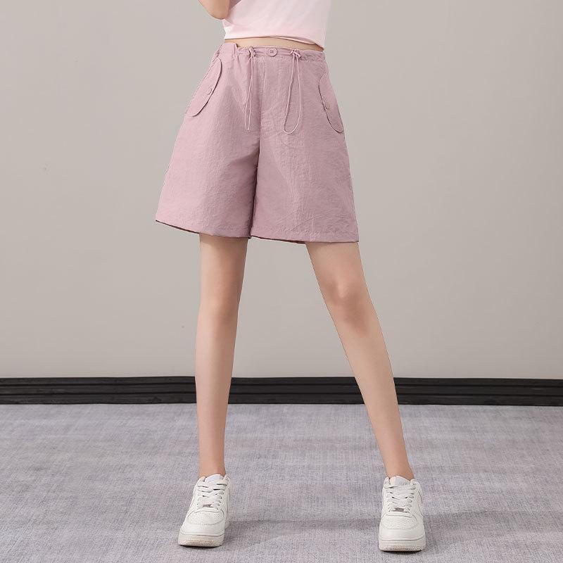 Women's Purple Two-Piece Set: Quick-Dry Ice Silk T-Shirt & Loose Five-Point Cargo Shorts