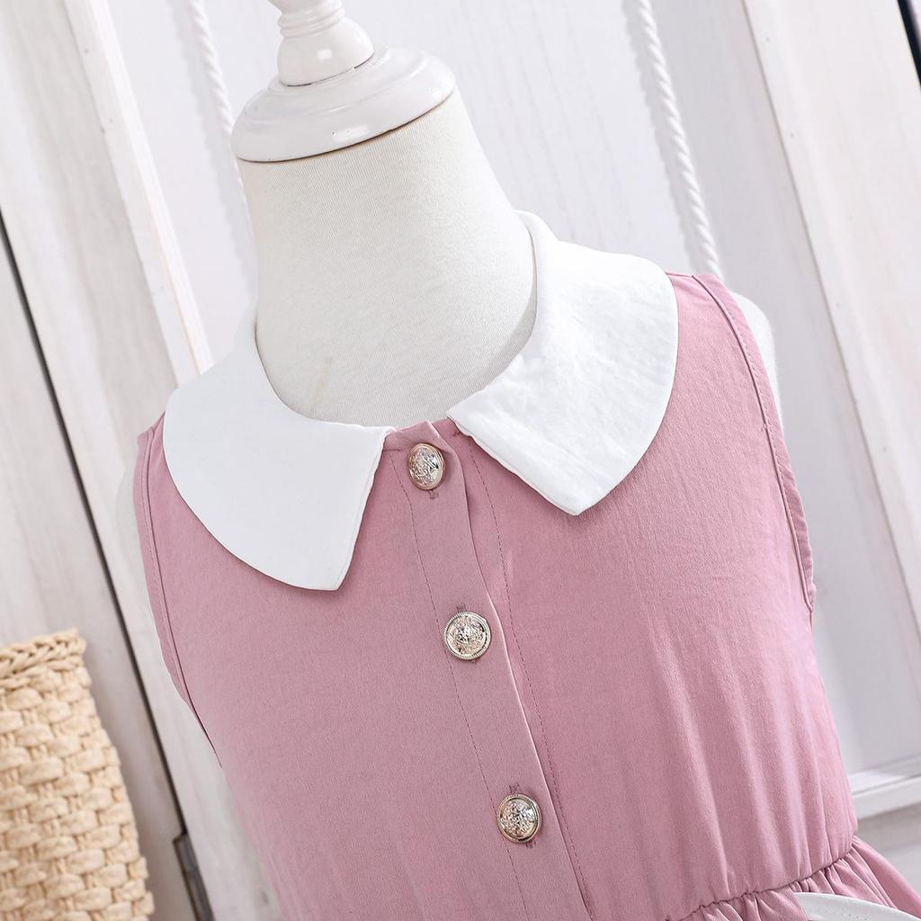 Girls Sleeveless Peter Pan Collar Dress with Ruffle Trim, Button Detail Casual Outfit