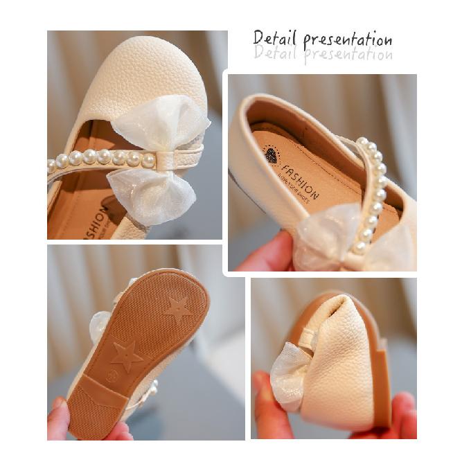 Girls' Leather Shoes Spring and Autumn New White Pearl Little Girls Baby Soft Sole Fashionable Children's Beanie Princess Shoes