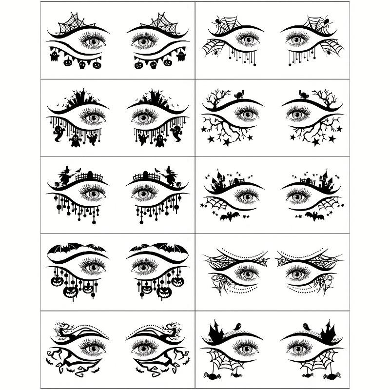 10PCS Halloween Eyes Temporary Tattoo Sticker,Black Spider Web Pumpkin Ghost Black Cat Witch Bat Spider Pattern, Facial Eye Makeup Fake Tattoo Sticker