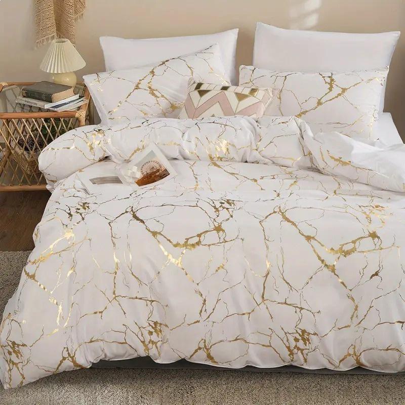 Golden Marble Pattern Duvet Cover and Pillowcase Three-piece Bedding Set