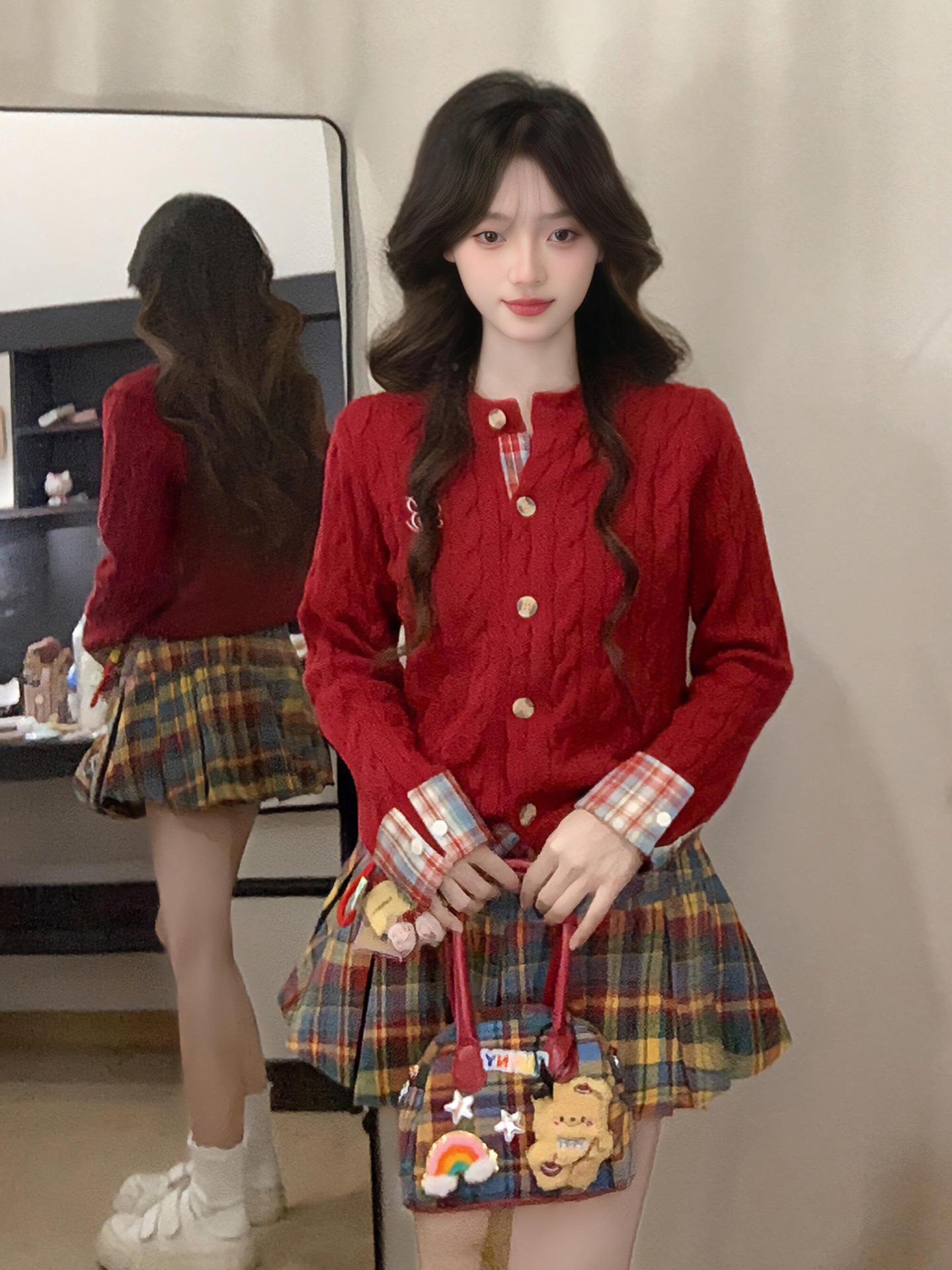 

Women s Red Cable Knit Cardigan & High-Waist Plaid Skirt Set - Spring/Autumn Academy Style L (50-55 kg)