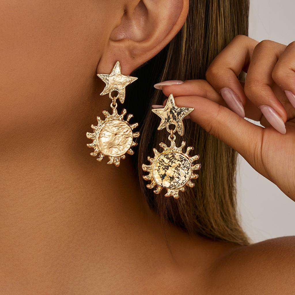 High-end Sunflower Alloy Earrings Irregular Geometric Metal Hammered Surface Ear Jewelry