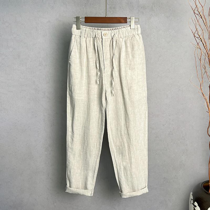Pure Linen Mens Casual Pants With Water Wash For Summer Comfort
