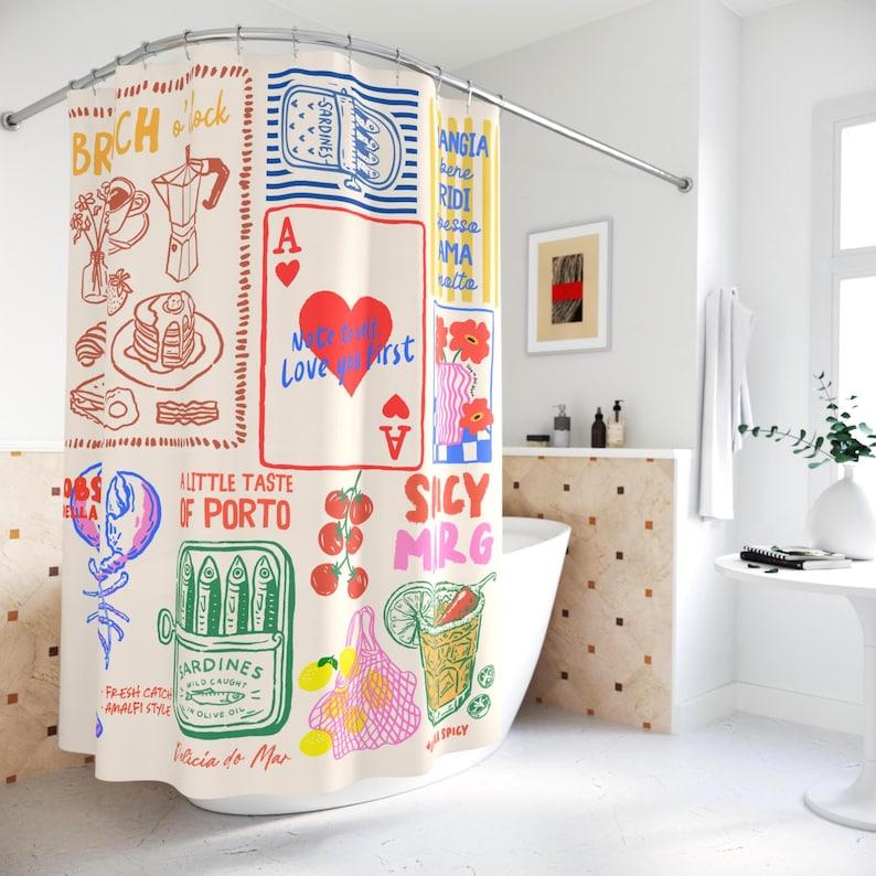 Hand Drawn Doodle Brunch Shower Curtain With Coffee Pastry Lobster Pattern, Unique Bathroom Decor For Housewarming Gift