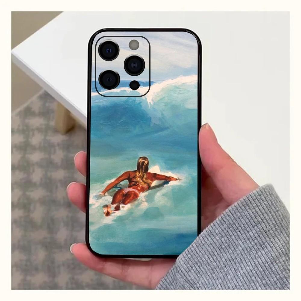 Surfboard Surfing Art Surf Girl  Phone Case For Apple iPhone 15,14,13,12,11,Pro,X,XS,Max,XR,Plus,Mini Soft Black Cover