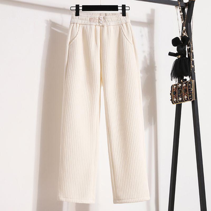 Petite Chenille Wide Leg Fleece-Lined Pants - Autumn/Winter High-Waisted Casual Trousers