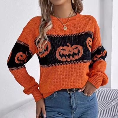 Autumn Winter Halloween Pumpkin Print Pullovers Sweaters Women Long Sleeve Casual Woman Sweater Elegant Round Neck Loose Warm Ladies Knit Jumper 25366