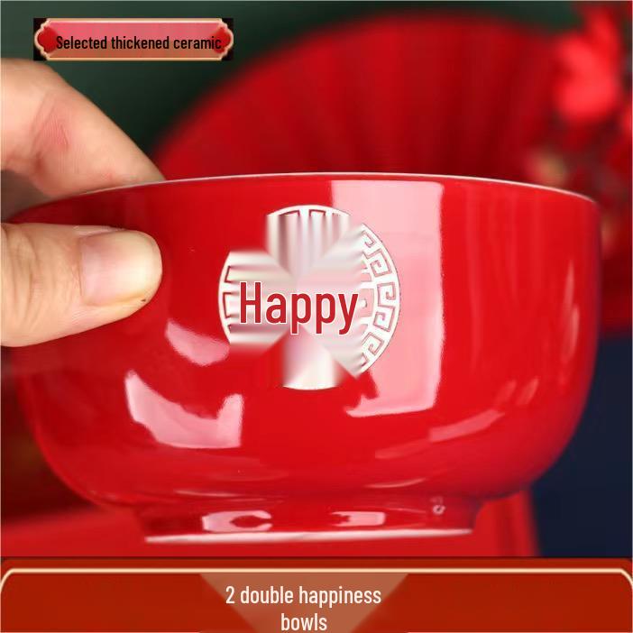 Complete Wedding Tea Set: Red Bowls, Cups with Lids, and Chopsticks for Happy Events