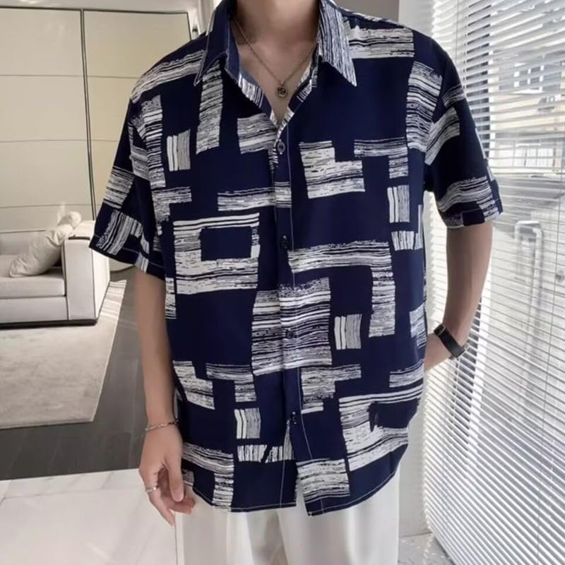 FJLTDCP Striped Short Loose Plus Dress Shirt Men's Shirt, Sleeve, Casual, Business, Fit, Stylish, Sizes, - Blue-XL