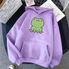 Women Frog Print Hoodie Ladies Candy Colored Long Sleeved Fleece Hooded Student Loose and Casual Top