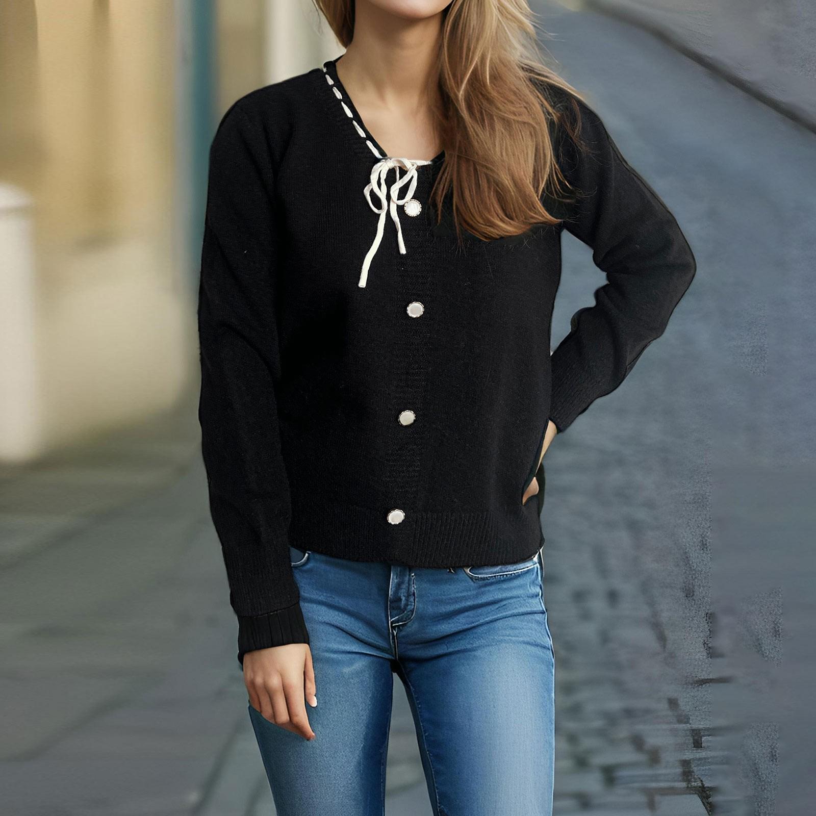 Однотонный вязаный свитер с V-образным вырезом и галстуком-бабочкой для женщин осенняя внутренняя одежда нежная рубашка в стиле боди милый пуловер топ M чёрный 1980₽