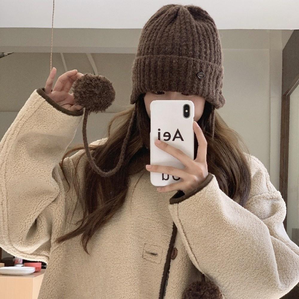 Windproof Pom-pom Knit Cap Winter Beanie Hats Japanese Y2k Knitted Cap  Outdoor