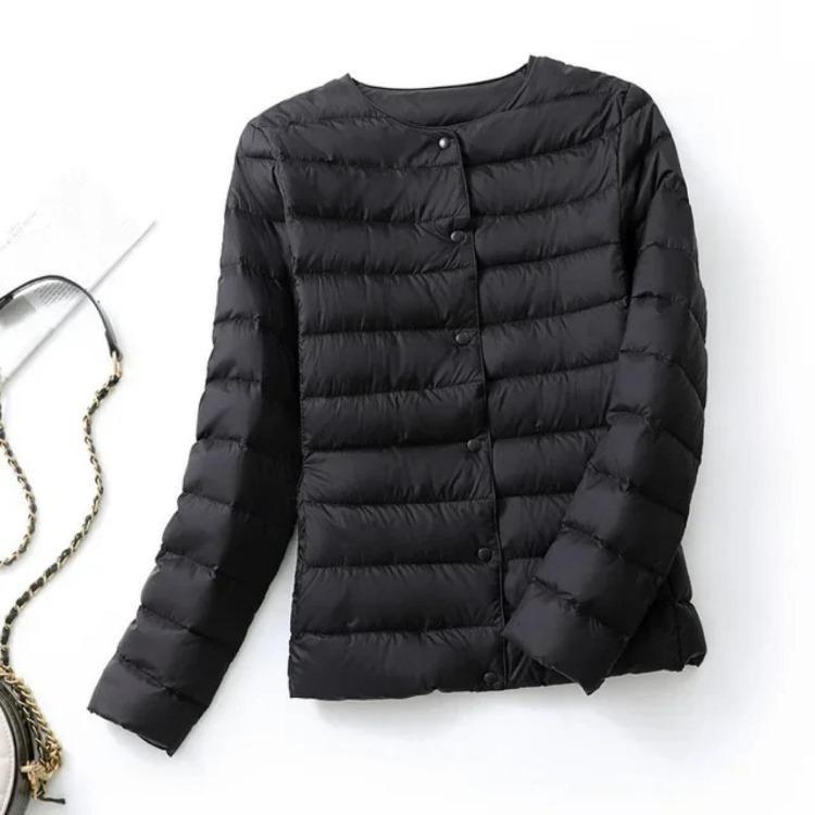 

Women Puffer Jacket Down Parka Overcoat Ultralight Warm Portable Collarless O Neck Padded Spring Winter M чёрный